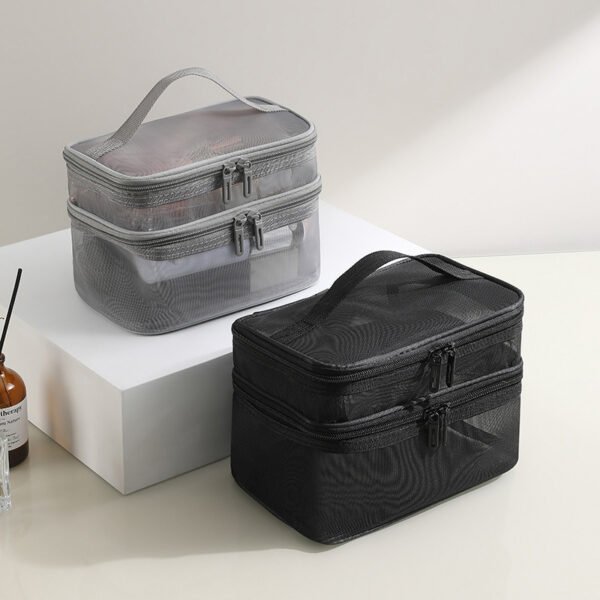 2pcs Double Layer Mesh Yarn Toiletry Bag Portable Travel Cosmetic Storage Bag In Black And Grey For Business Trips Large Capacity Travel Cosmetic Storage Bag - Image 3