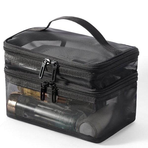 2pcs Double Layer Mesh Yarn Toiletry Bag Portable Travel Cosmetic Storage Bag In Black And Grey For Business Trips Large Capacity Travel Cosmetic Storage Bag - Image 5